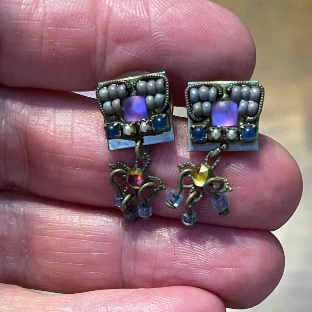 Earrings with purple/blue/white on silver backing